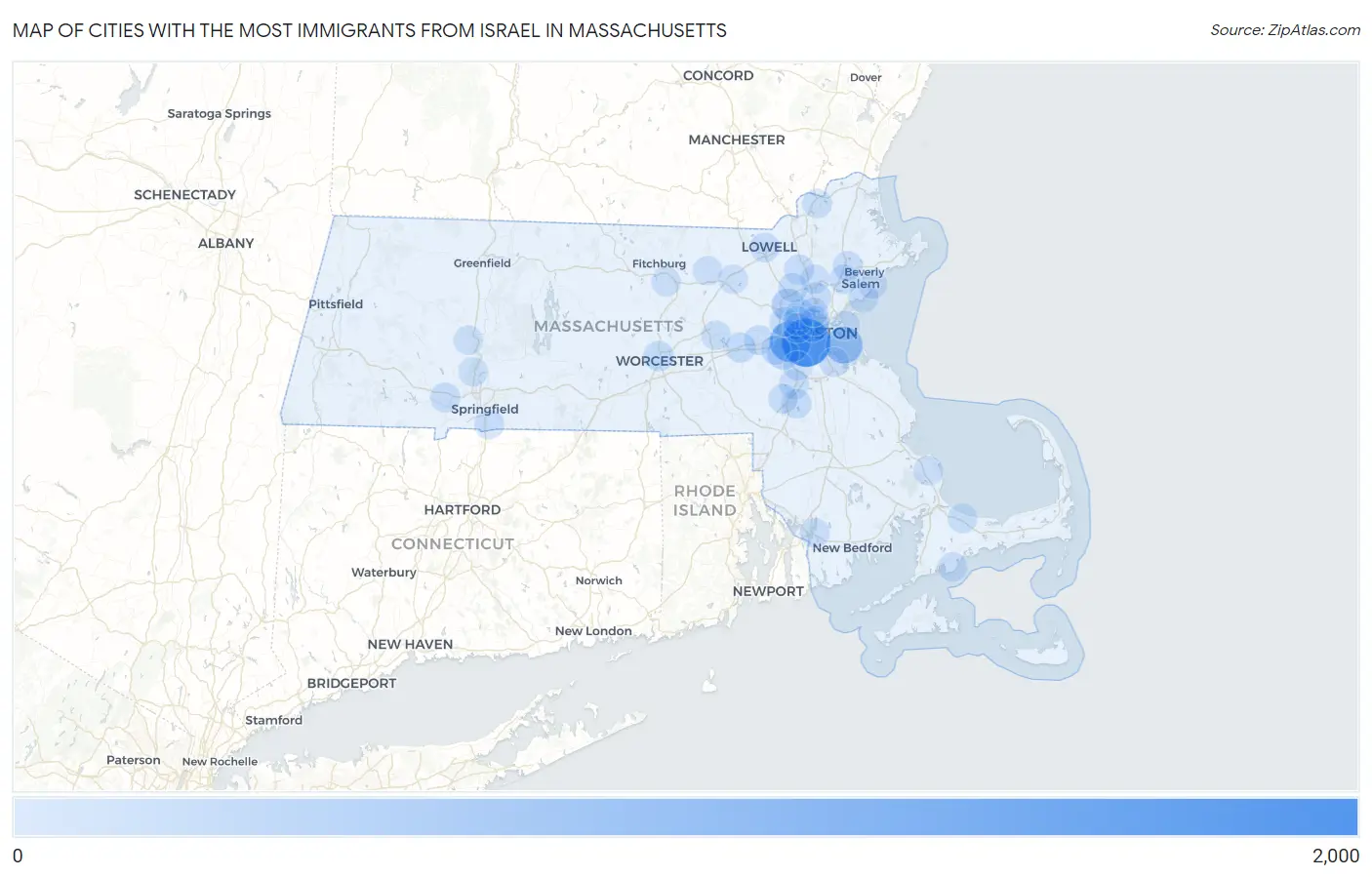 Cities with the Most Immigrants from Israel in Massachusetts Map