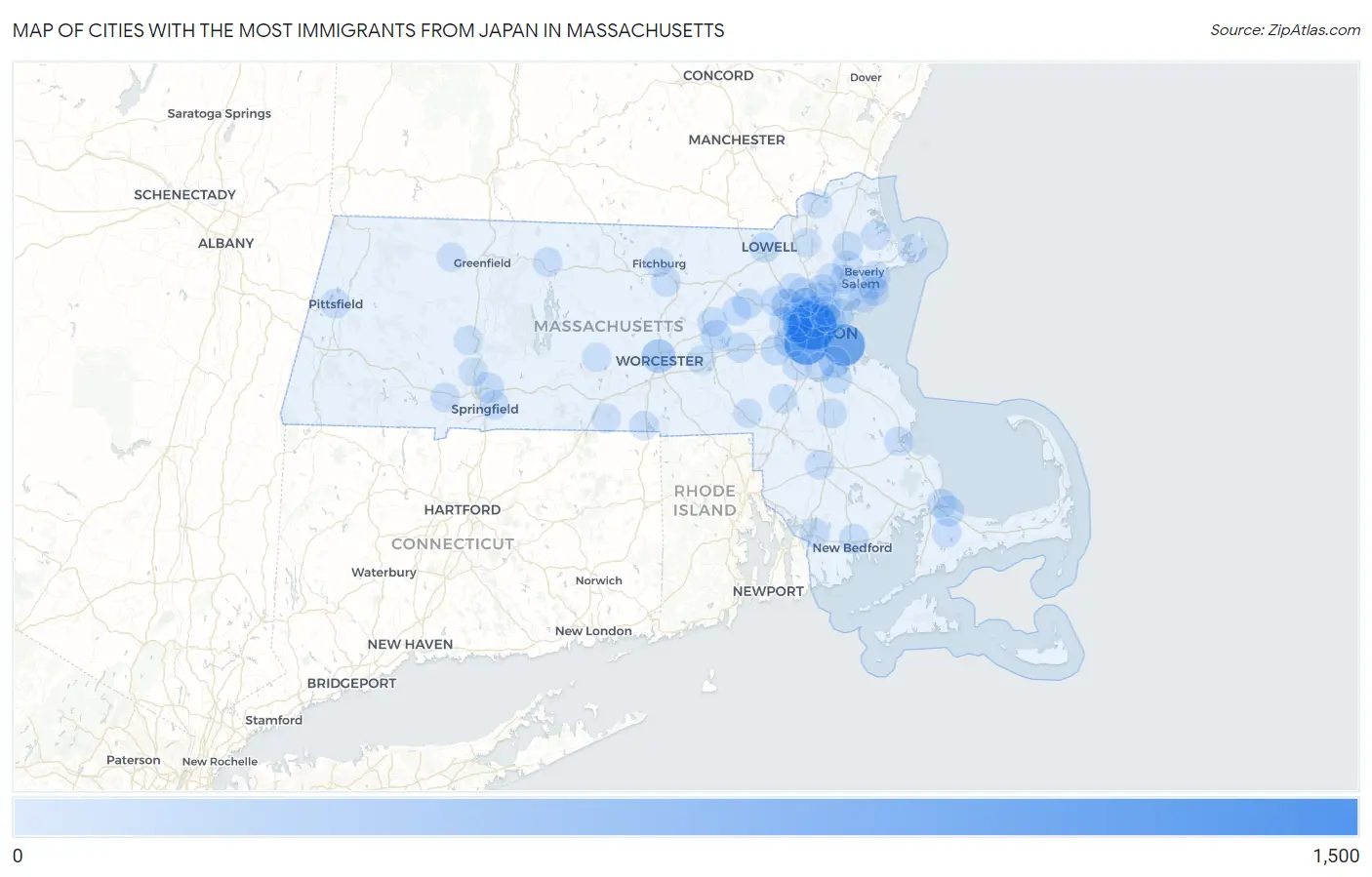 Cities with the Most Immigrants from Japan in Massachusetts Map