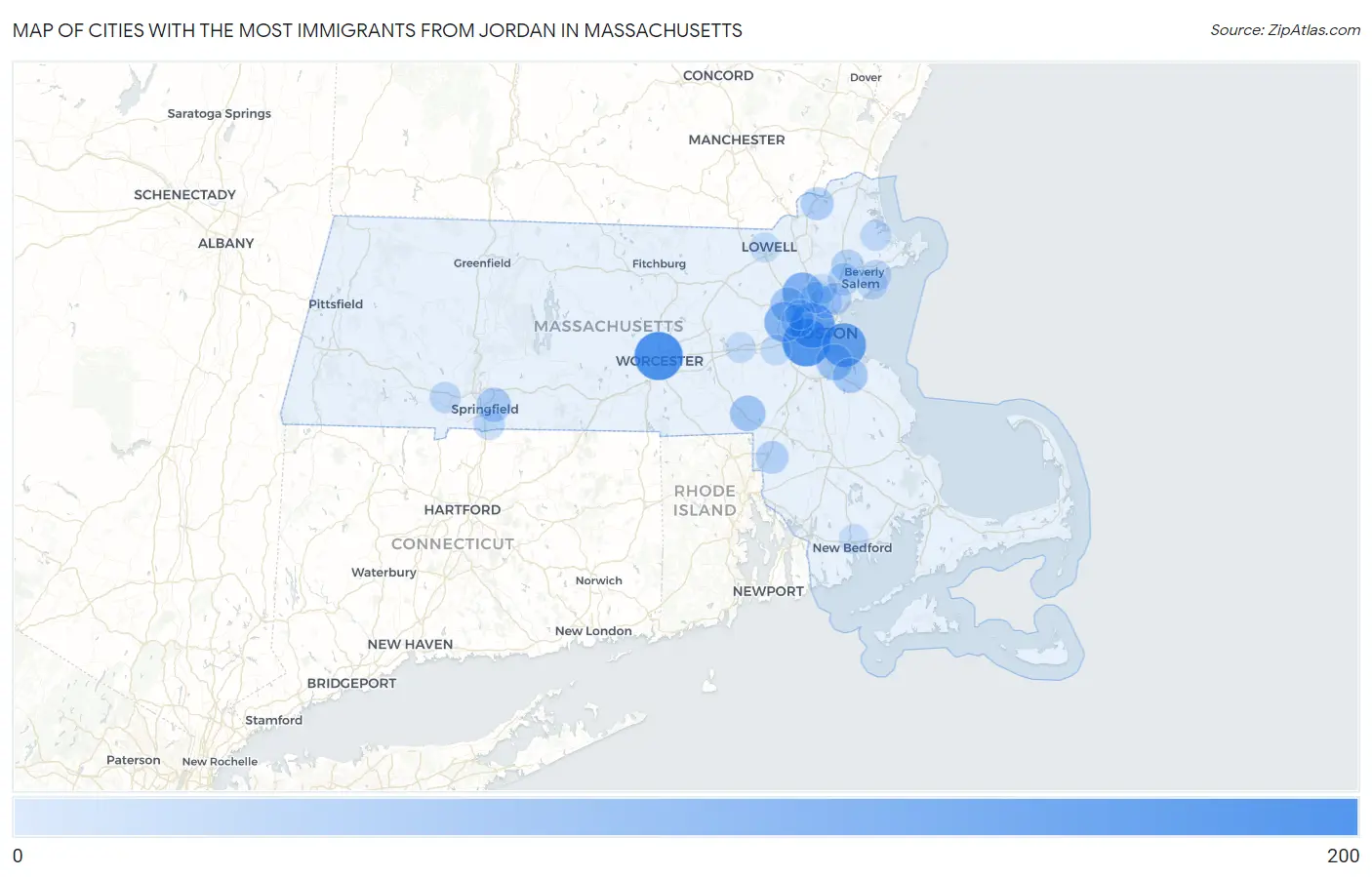Cities with the Most Immigrants from Jordan in Massachusetts Map