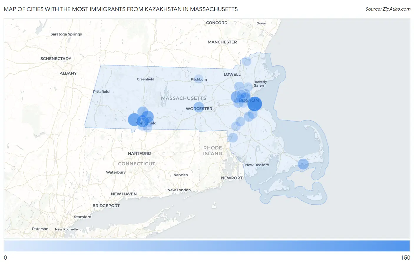Cities with the Most Immigrants from Kazakhstan in Massachusetts Map