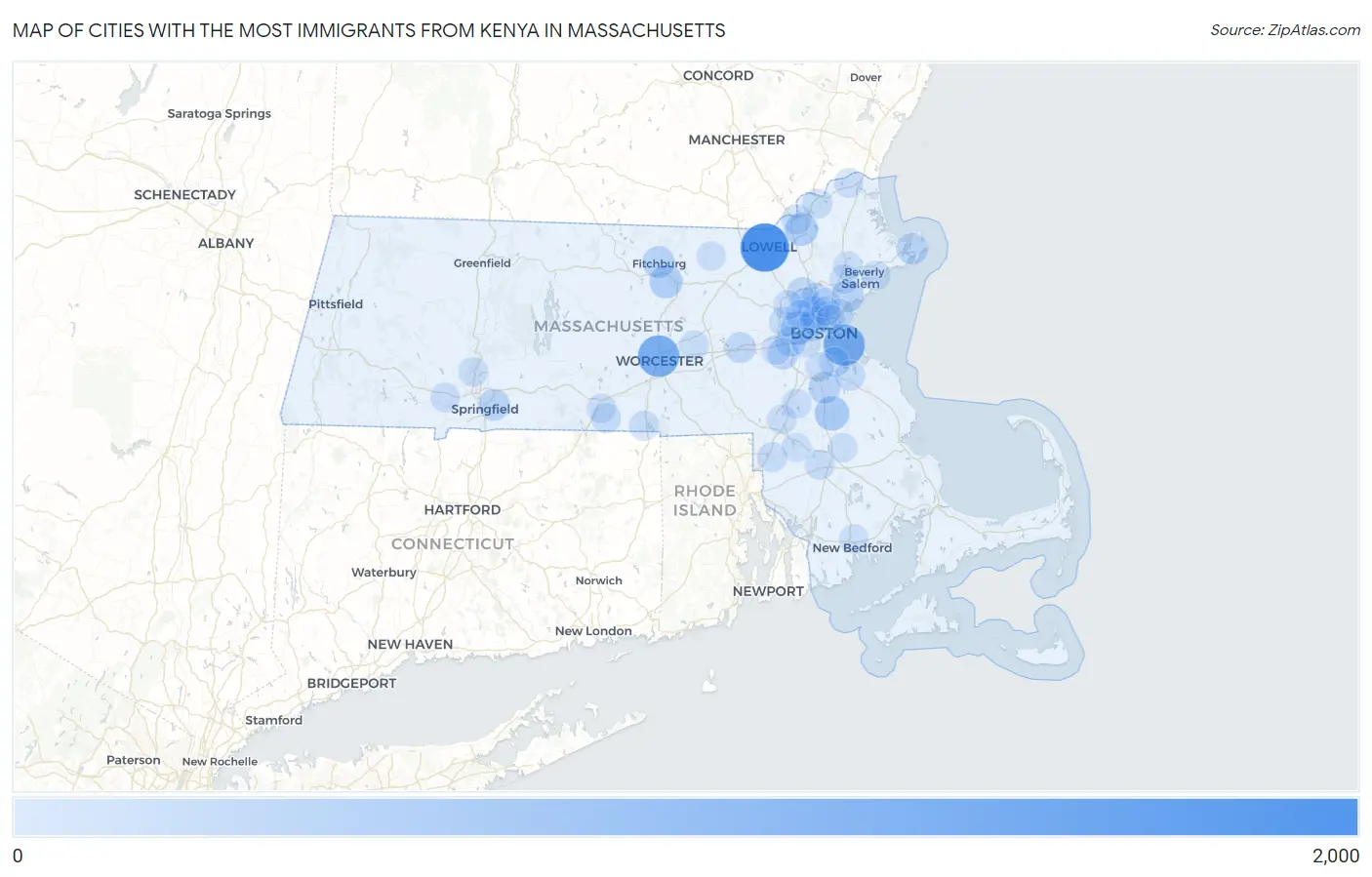 Cities with the Most Immigrants from Kenya in Massachusetts Map