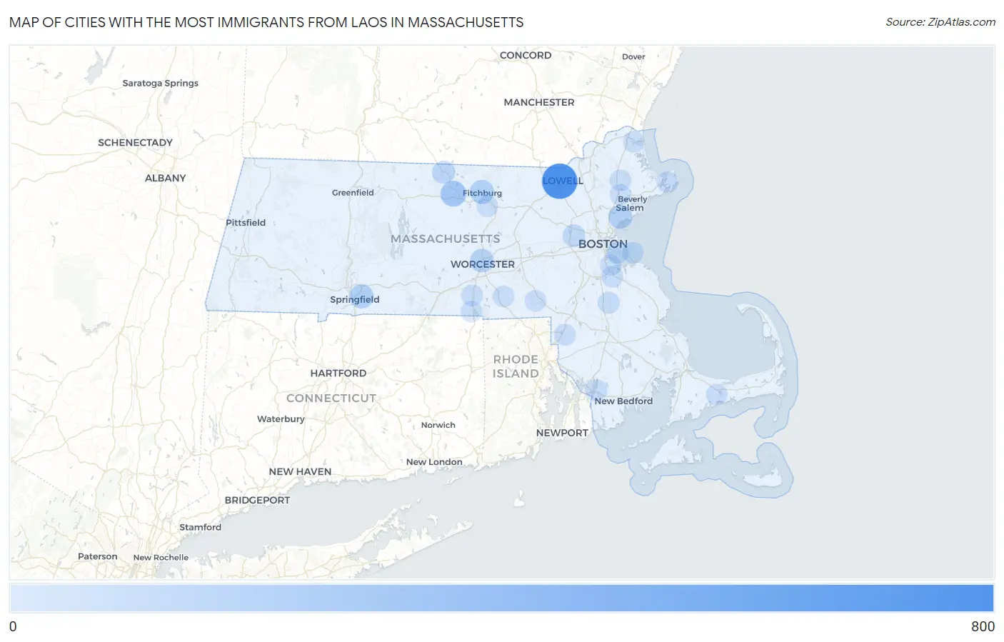 Cities with the Most Immigrants from Laos in Massachusetts Map