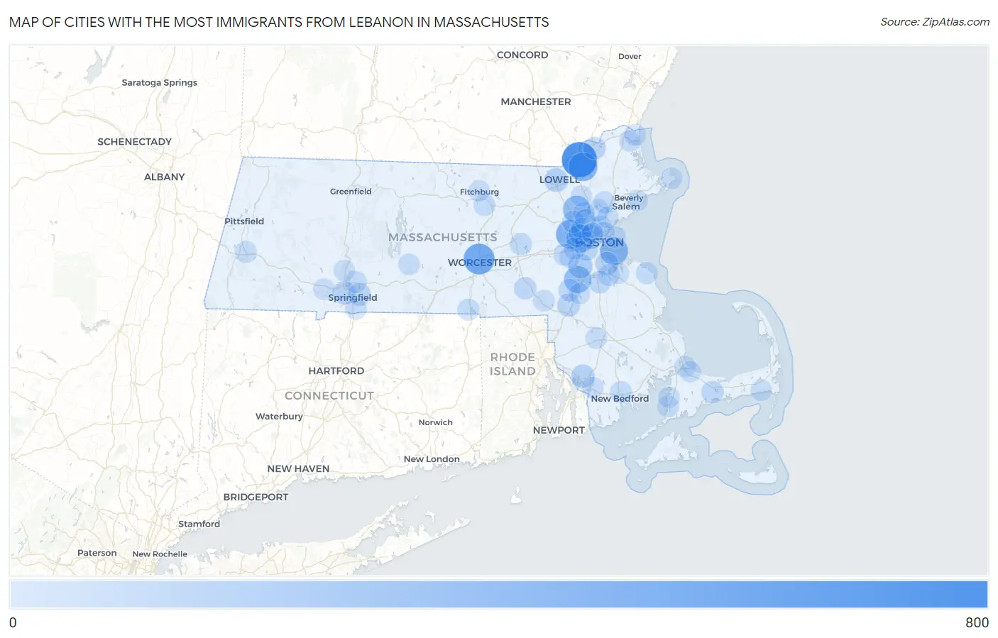 Cities with the Most Immigrants from Lebanon in Massachusetts Map