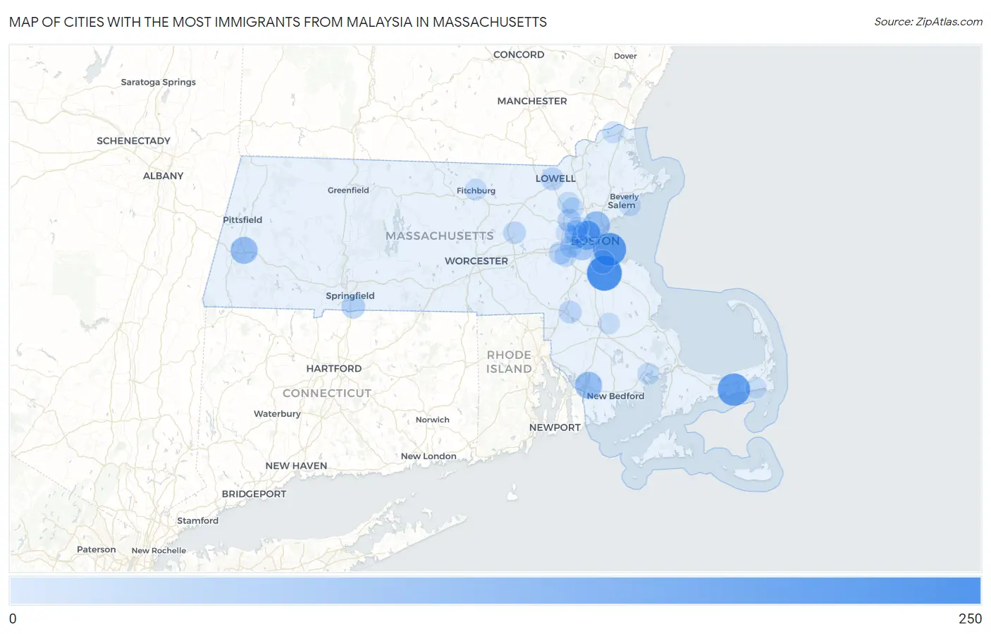 Cities with the Most Immigrants from Malaysia in Massachusetts Map