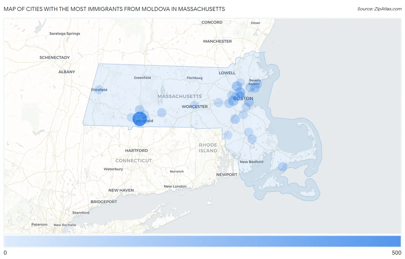 Cities with the Most Immigrants from Moldova in Massachusetts Map