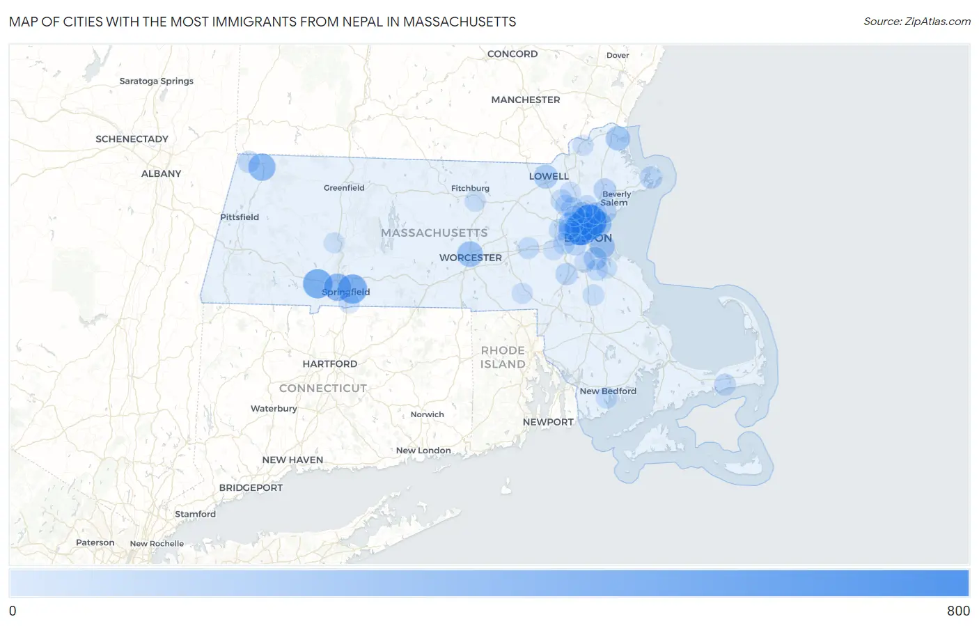 Cities with the Most Immigrants from Nepal in Massachusetts Map