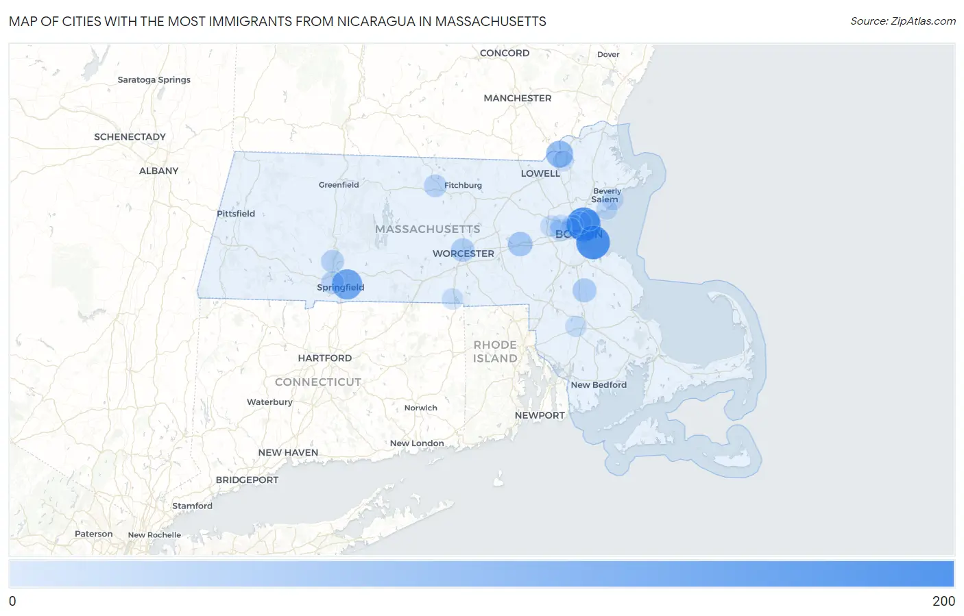 Cities with the Most Immigrants from Nicaragua in Massachusetts Map