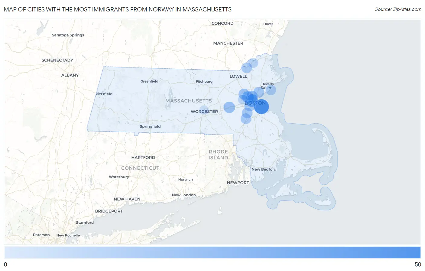 Cities with the Most Immigrants from Norway in Massachusetts Map