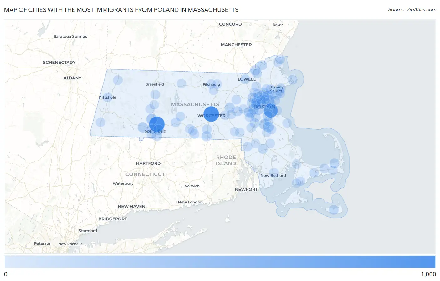 Cities with the Most Immigrants from Poland in Massachusetts Map