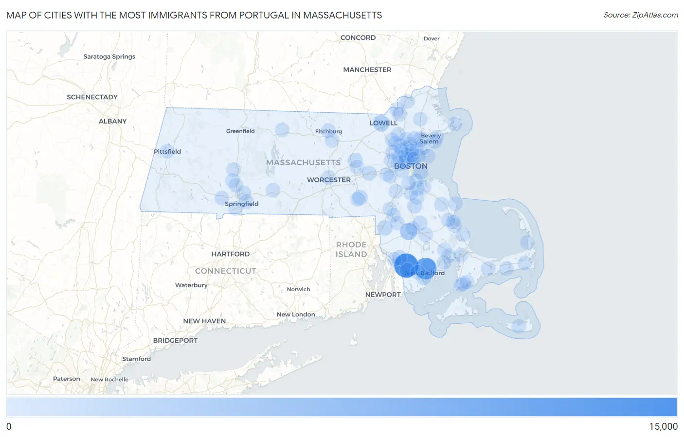 Cities with the Most Immigrants from Portugal in Massachusetts Map