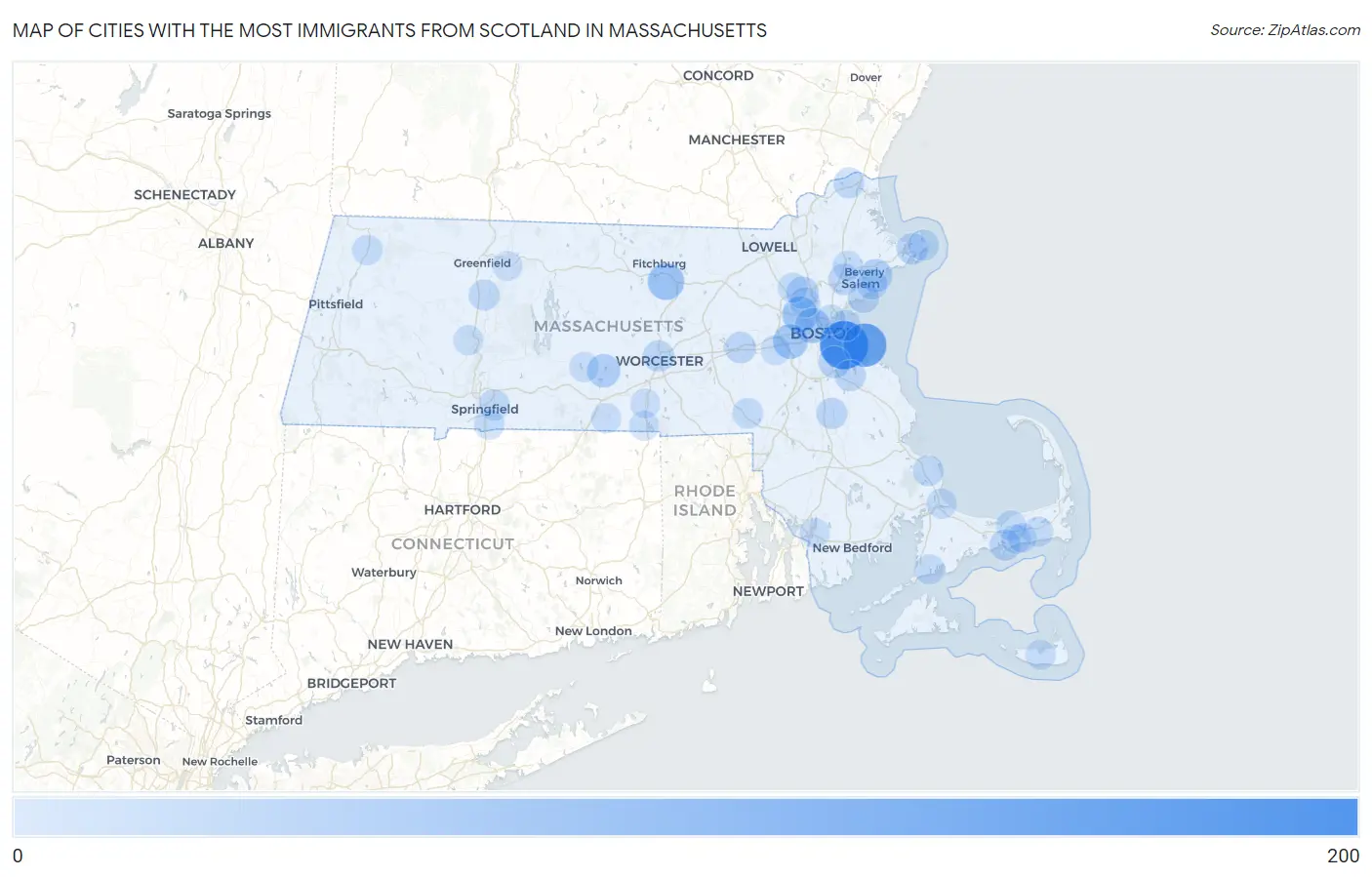 Cities with the Most Immigrants from Scotland in Massachusetts Map