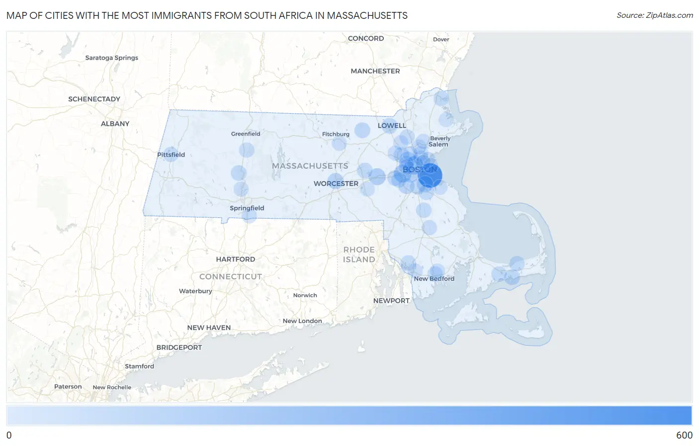 Cities with the Most Immigrants from South Africa in Massachusetts Map
