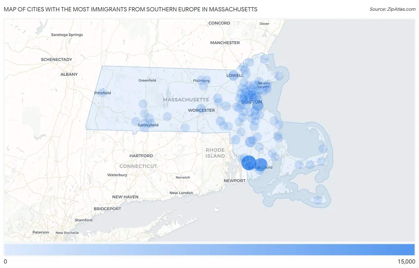 Cities with the Most Immigrants from Southern Europe in Massachusetts Map