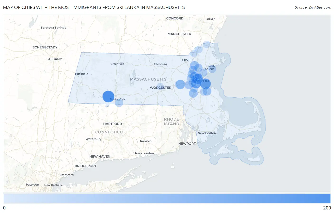 Cities with the Most Immigrants from Sri Lanka in Massachusetts Map