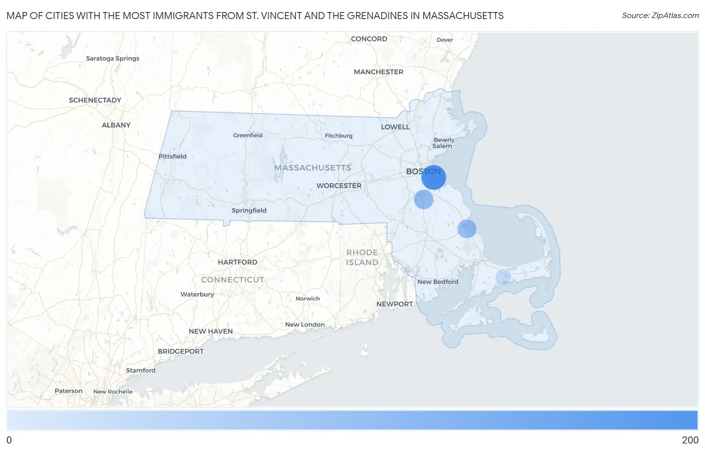 Cities with the Most Immigrants from St. Vincent and the Grenadines in Massachusetts Map