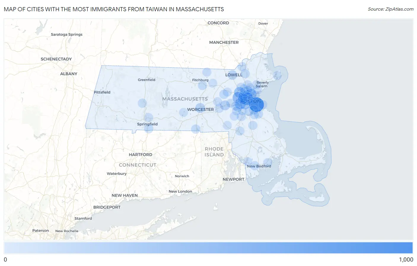 Cities with the Most Immigrants from Taiwan in Massachusetts Map
