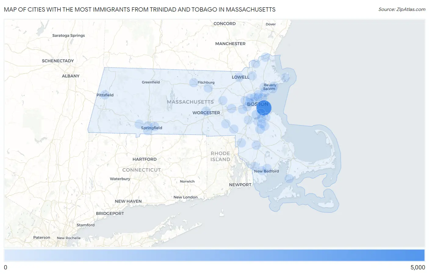 Cities with the Most Immigrants from Trinidad and Tobago in Massachusetts Map