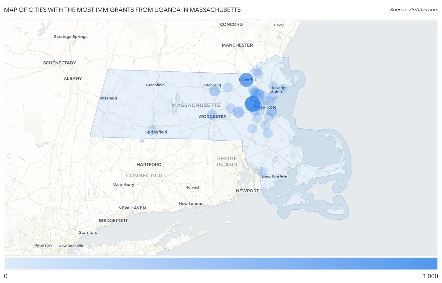 Cities with the Most Immigrants from Uganda in Massachusetts Map