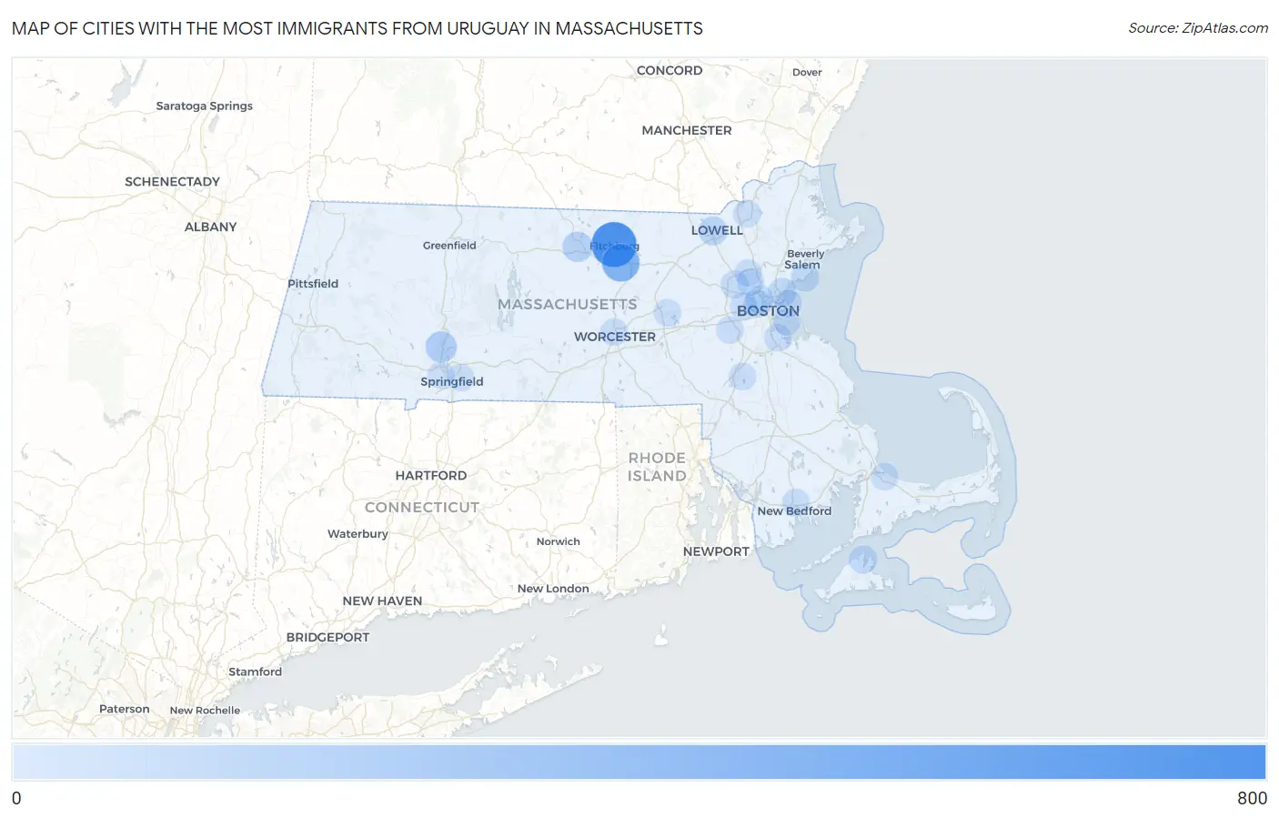 Cities with the Most Immigrants from Uruguay in Massachusetts Map