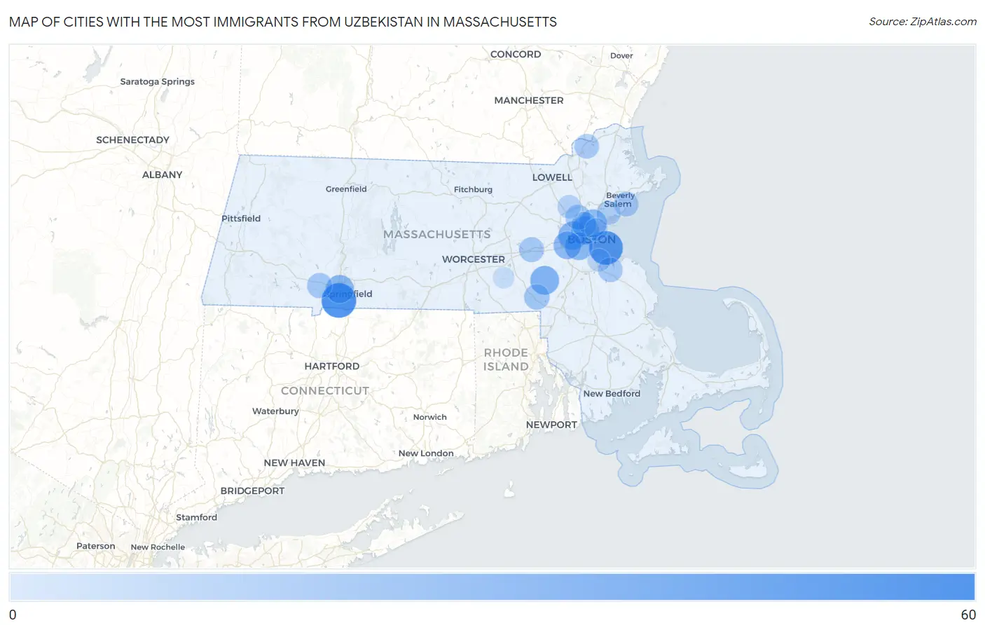Cities with the Most Immigrants from Uzbekistan in Massachusetts Map