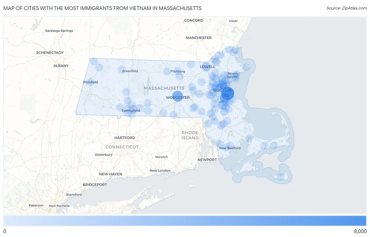 Cities with the Most Immigrants from Vietnam in Massachusetts Map