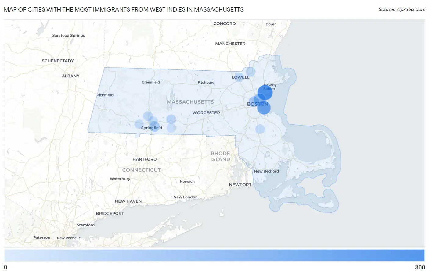 Cities with the Most Immigrants from West Indies in Massachusetts Map