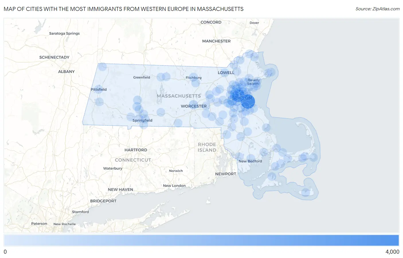 Cities with the Most Immigrants from Western Europe in Massachusetts Map