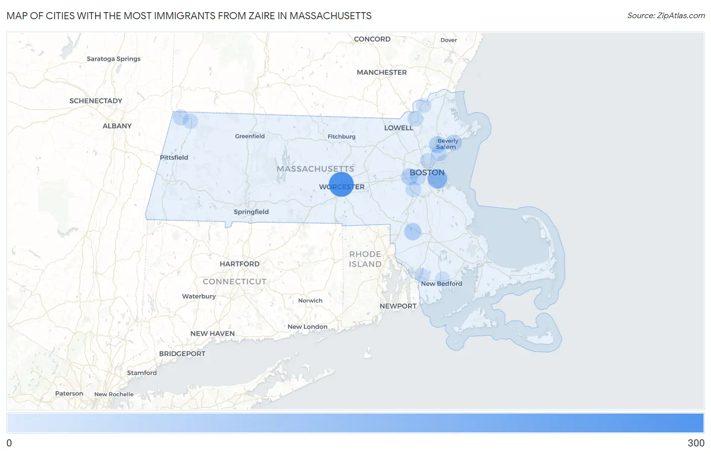 Cities with the Most Immigrants from Zaire in Massachusetts Map