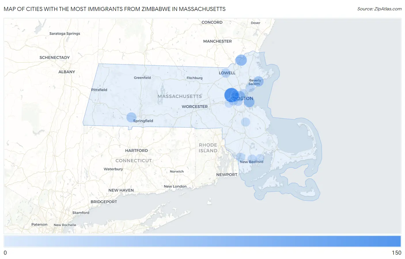 Cities with the Most Immigrants from Zimbabwe in Massachusetts Map