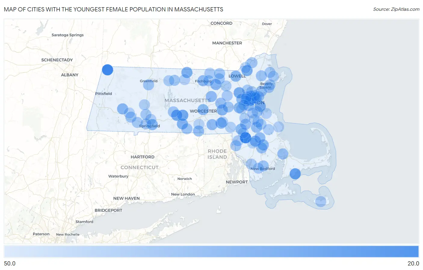 Cities with the Youngest Female Population in Massachusetts Map