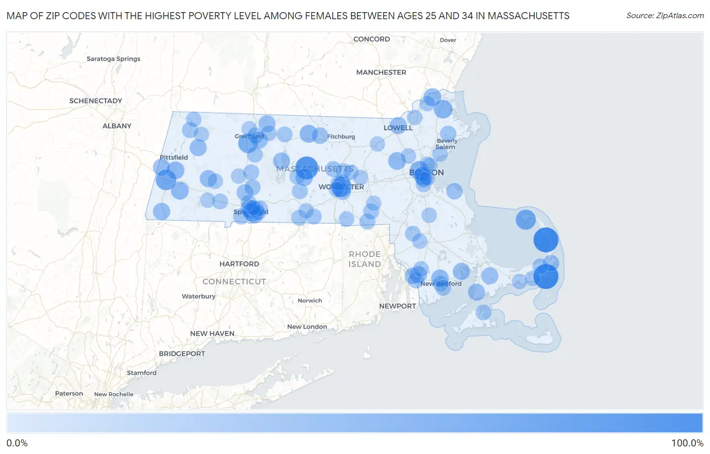 Zip Codes with the Highest Poverty Level Among Females Between Ages 25 and 34 in Massachusetts Map