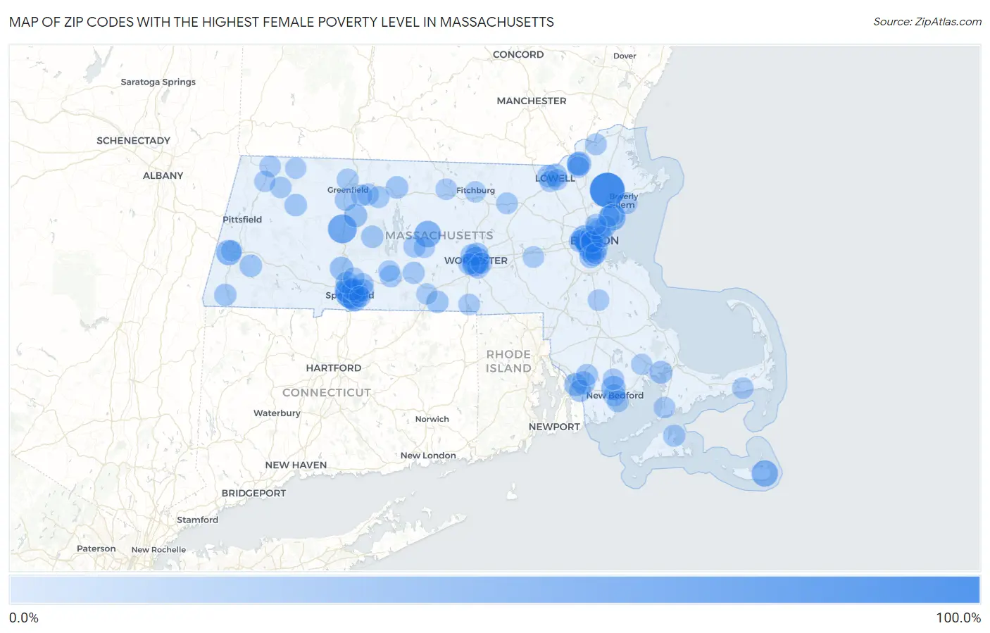 Zip Codes with the Highest Female Poverty Level in Massachusetts Map