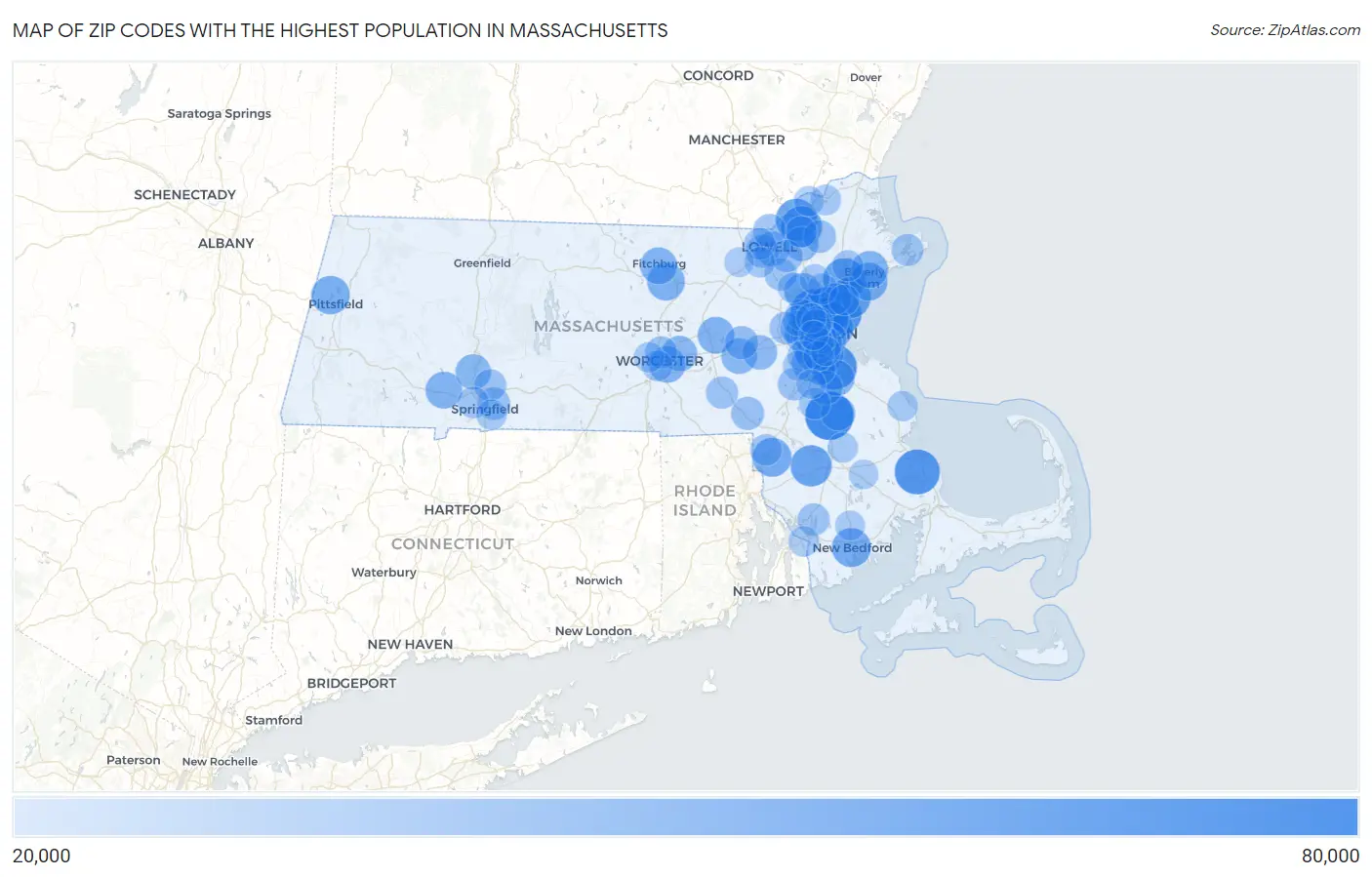 Zip Codes with the Highest Population in Massachusetts Map