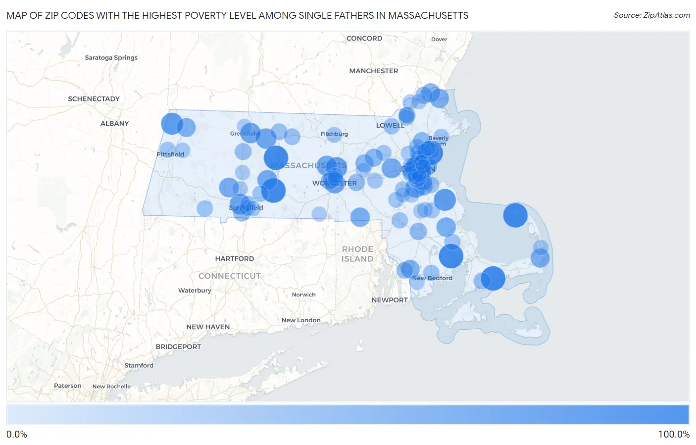 Zip Codes with the Highest Poverty Level Among Single Fathers in Massachusetts Map