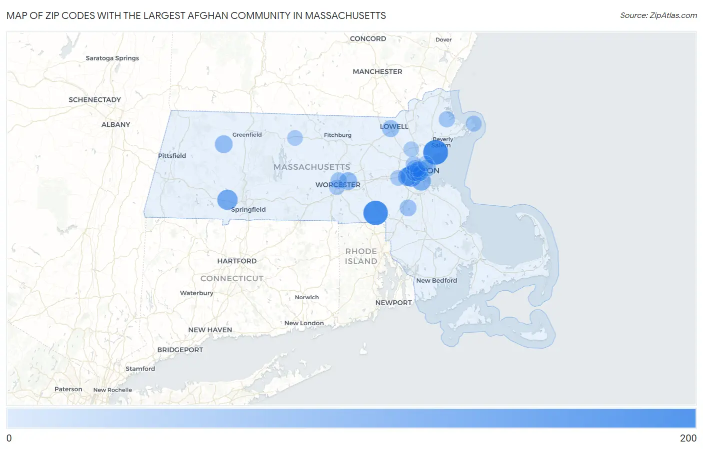 Zip Codes with the Largest Afghan Community in Massachusetts Map