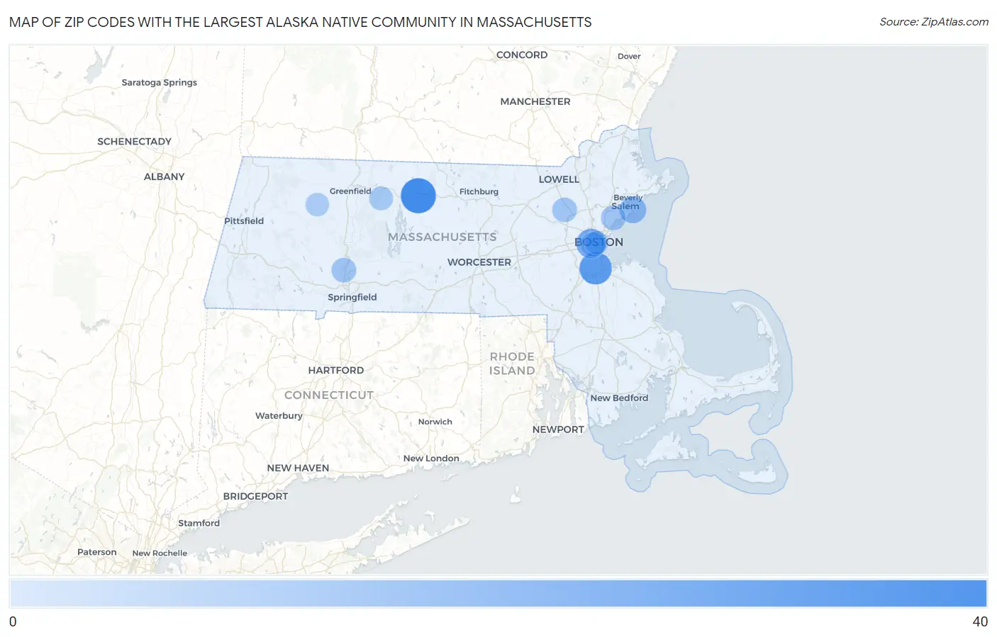 Zip Codes with the Largest Alaska Native Community in Massachusetts Map