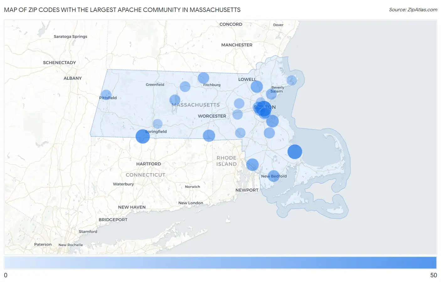 Zip Codes with the Largest Apache Community in Massachusetts Map