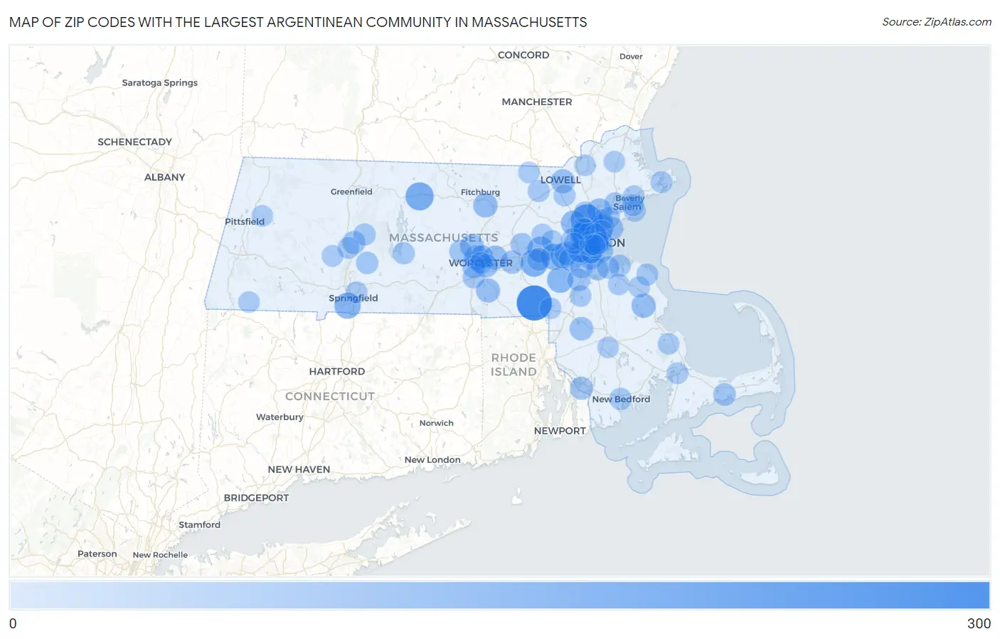 Zip Codes with the Largest Argentinean Community in Massachusetts Map