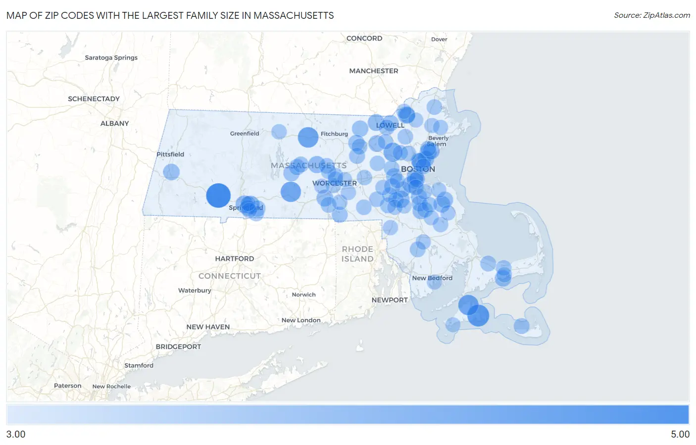 Zip Codes with the Largest Family Size in Massachusetts Map