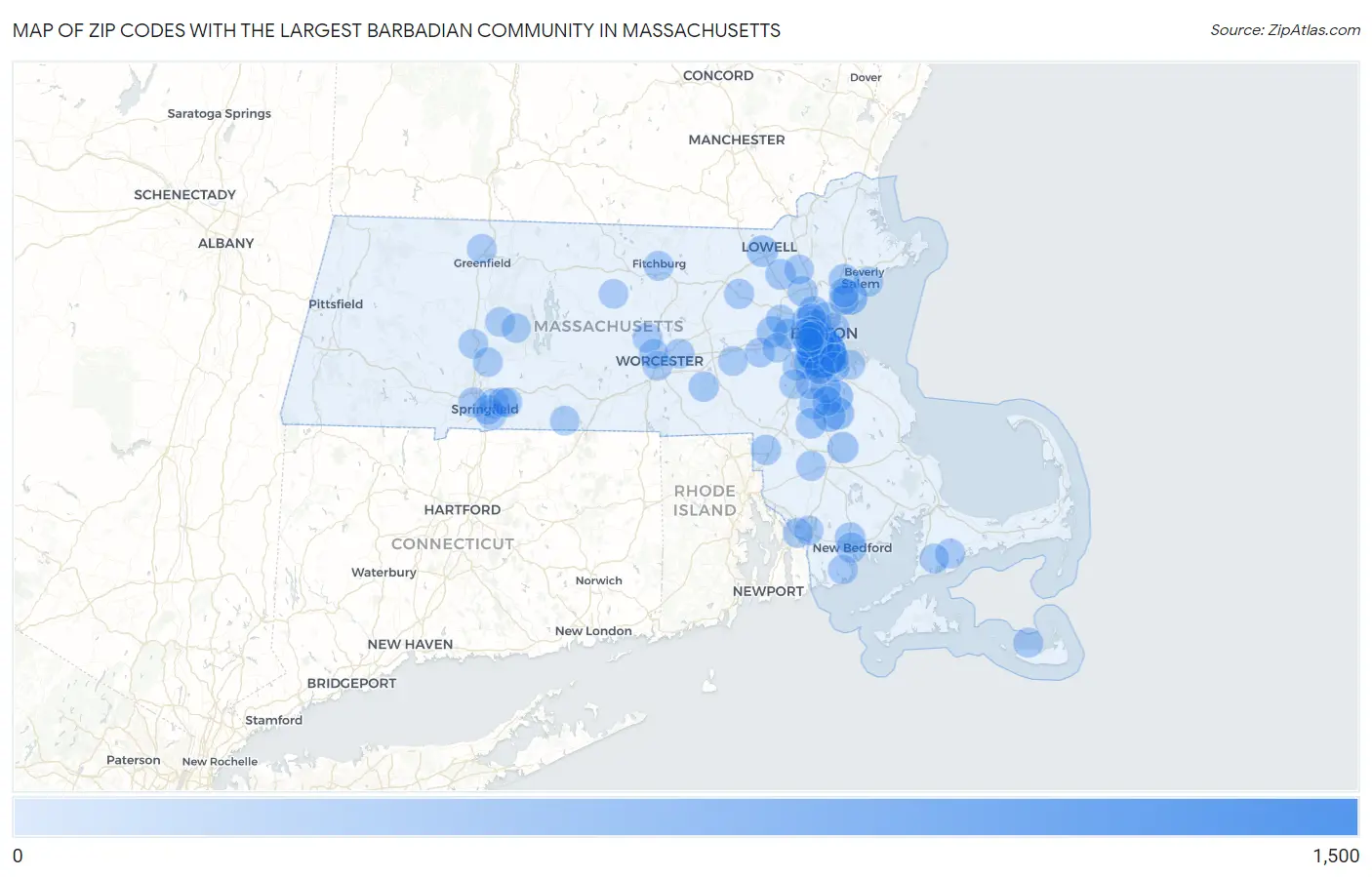 Zip Codes with the Largest Barbadian Community in Massachusetts Map