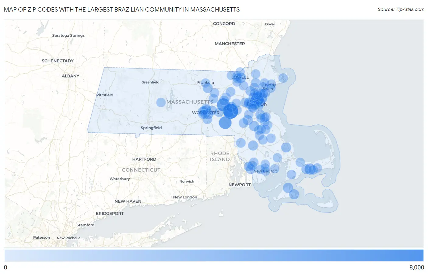 Zip Codes with the Largest Brazilian Community in Massachusetts Map