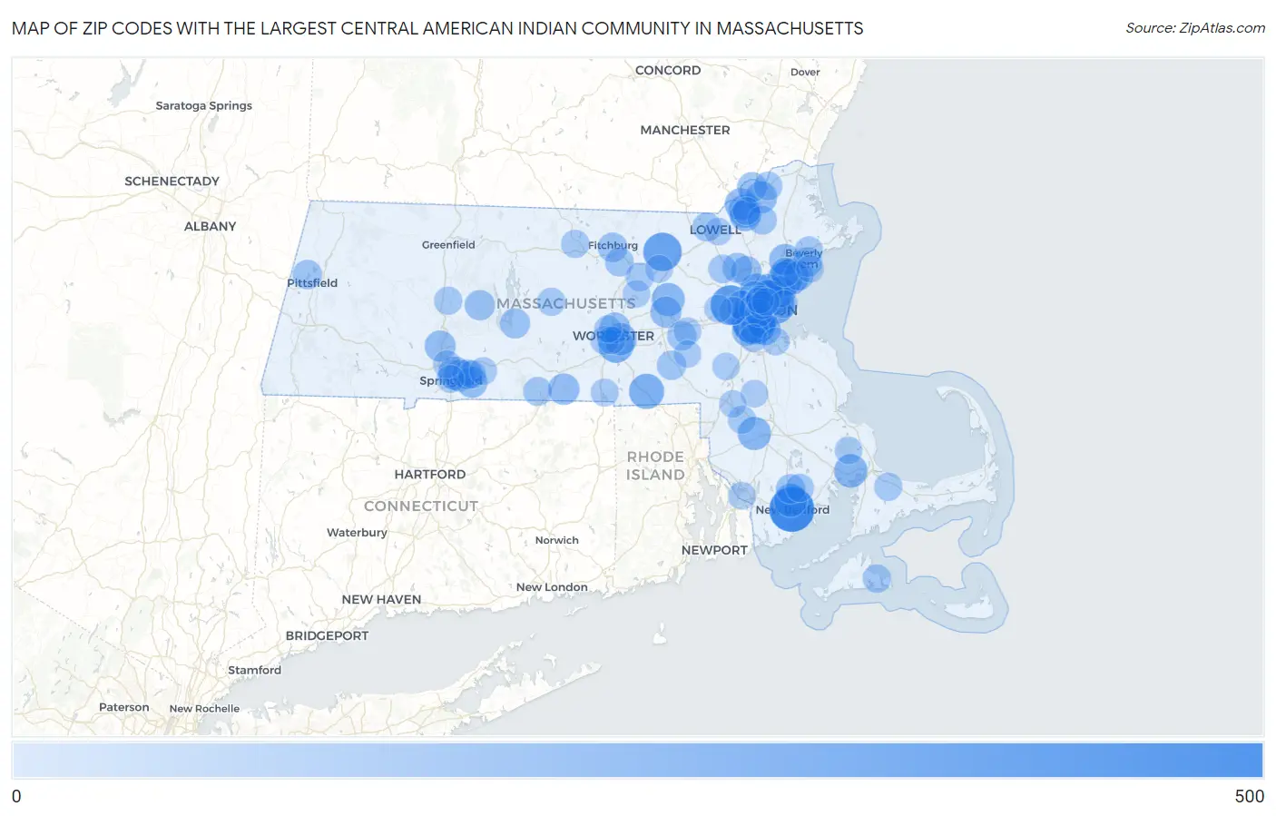 Zip Codes with the Largest Central American Indian Community in Massachusetts Map