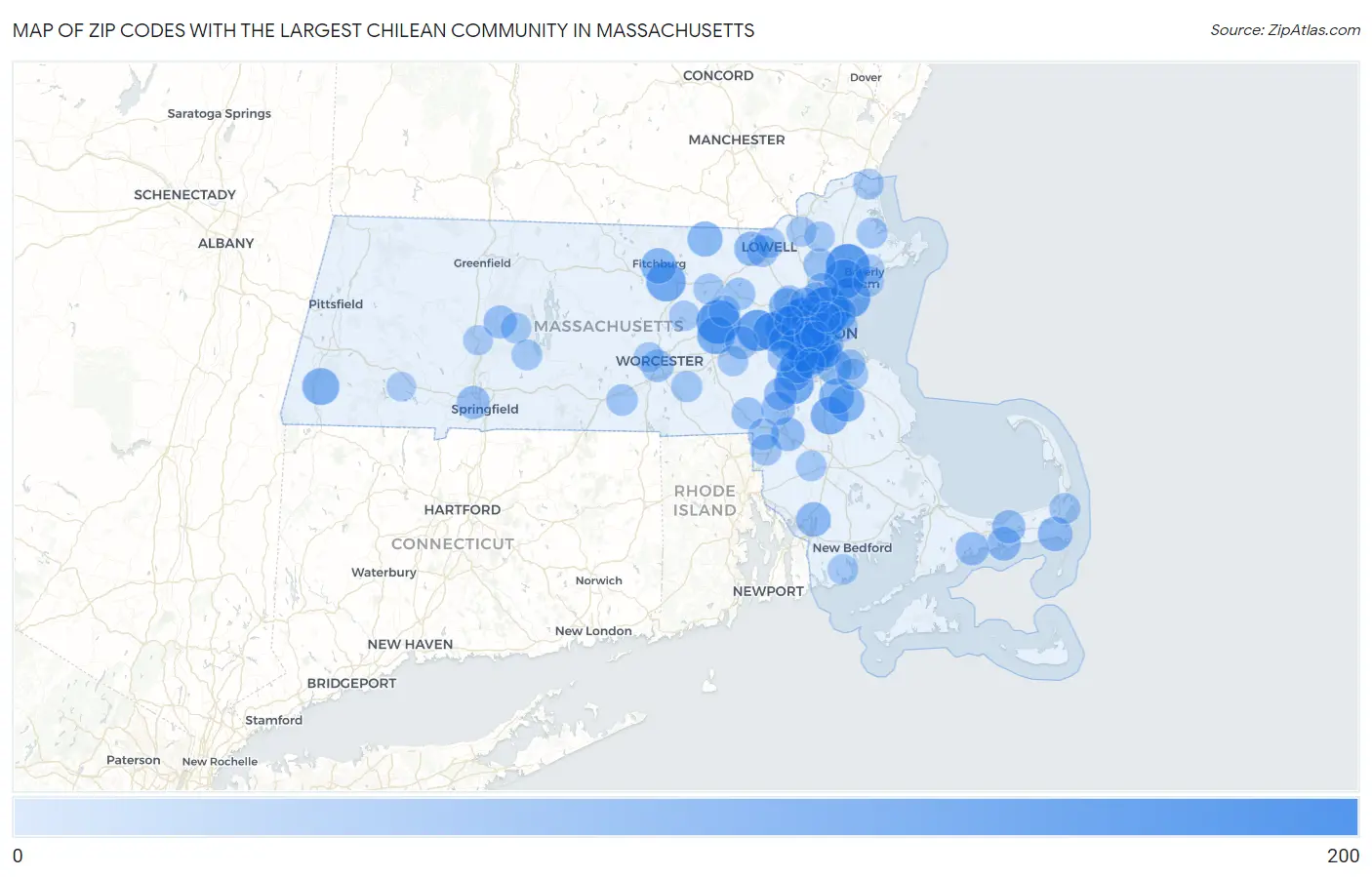 Zip Codes with the Largest Chilean Community in Massachusetts Map