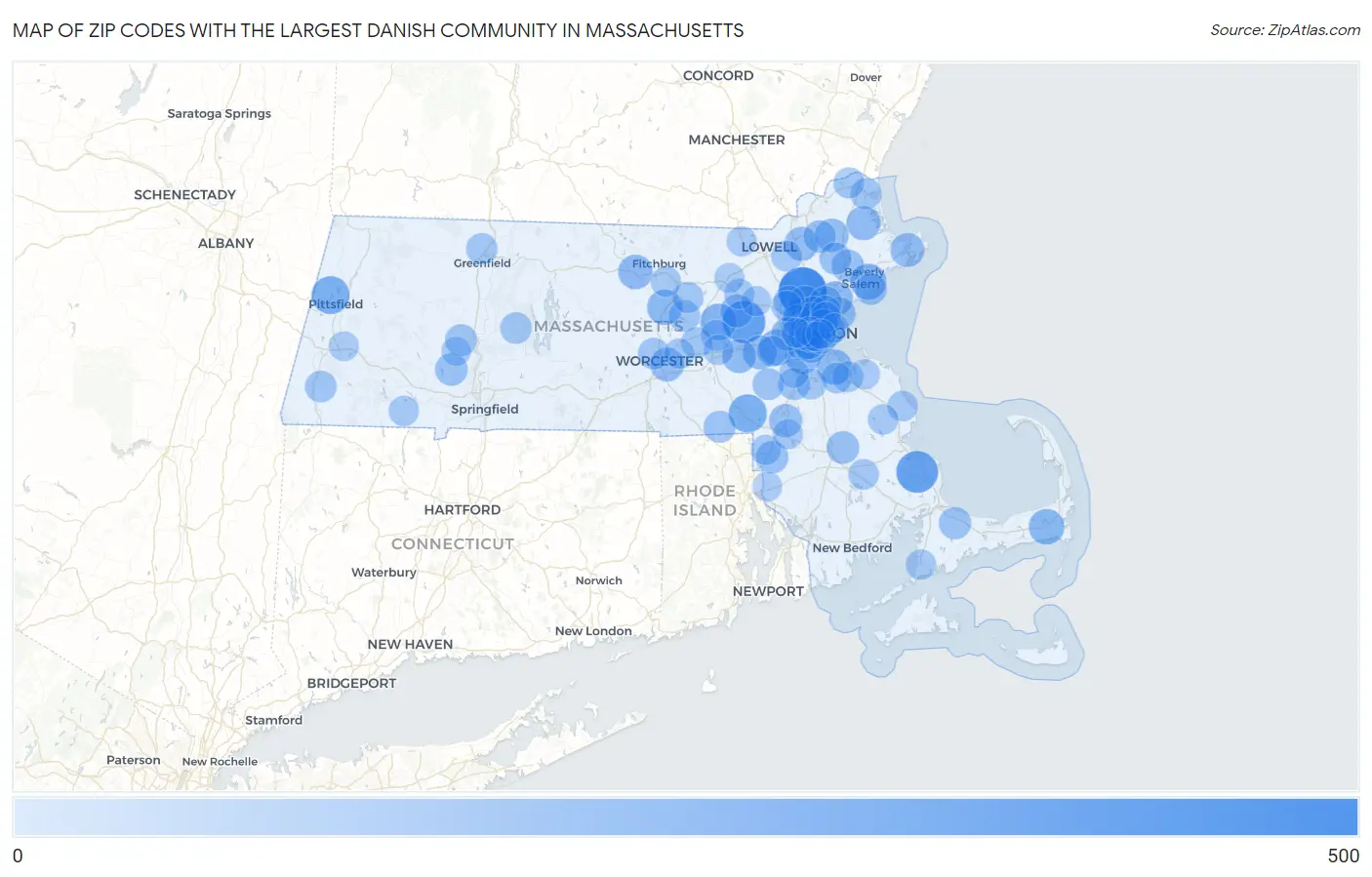 Zip Codes with the Largest Danish Community in Massachusetts Map