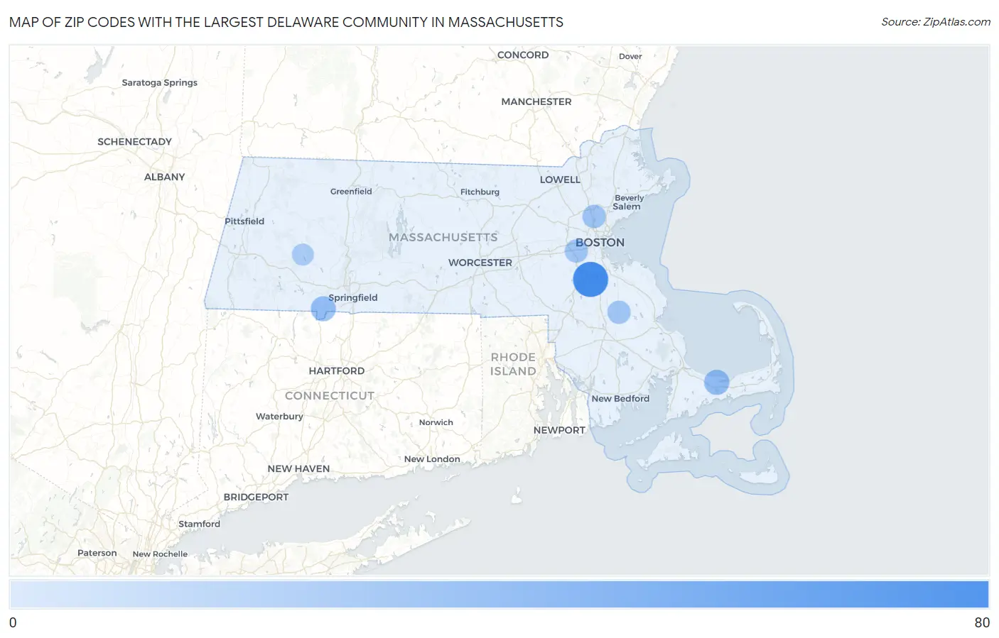 Zip Codes with the Largest Delaware Community in Massachusetts Map