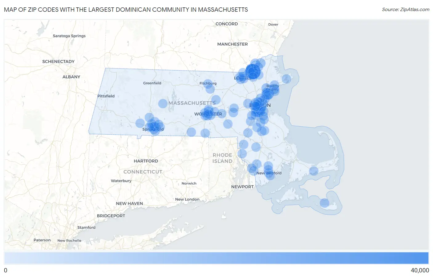 Zip Codes with the Largest Dominican Community in Massachusetts Map