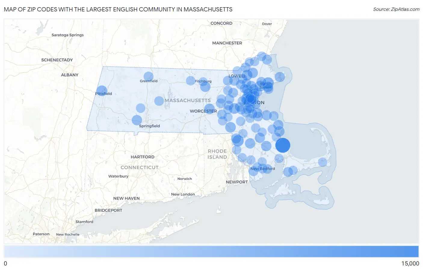 Zip Codes with the Largest English Community in Massachusetts Map