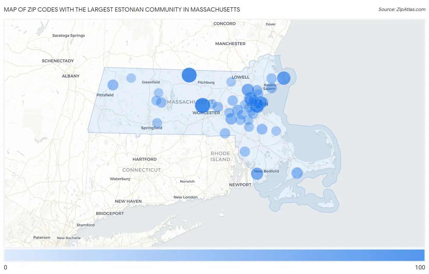 Zip Codes with the Largest Estonian Community in Massachusetts Map