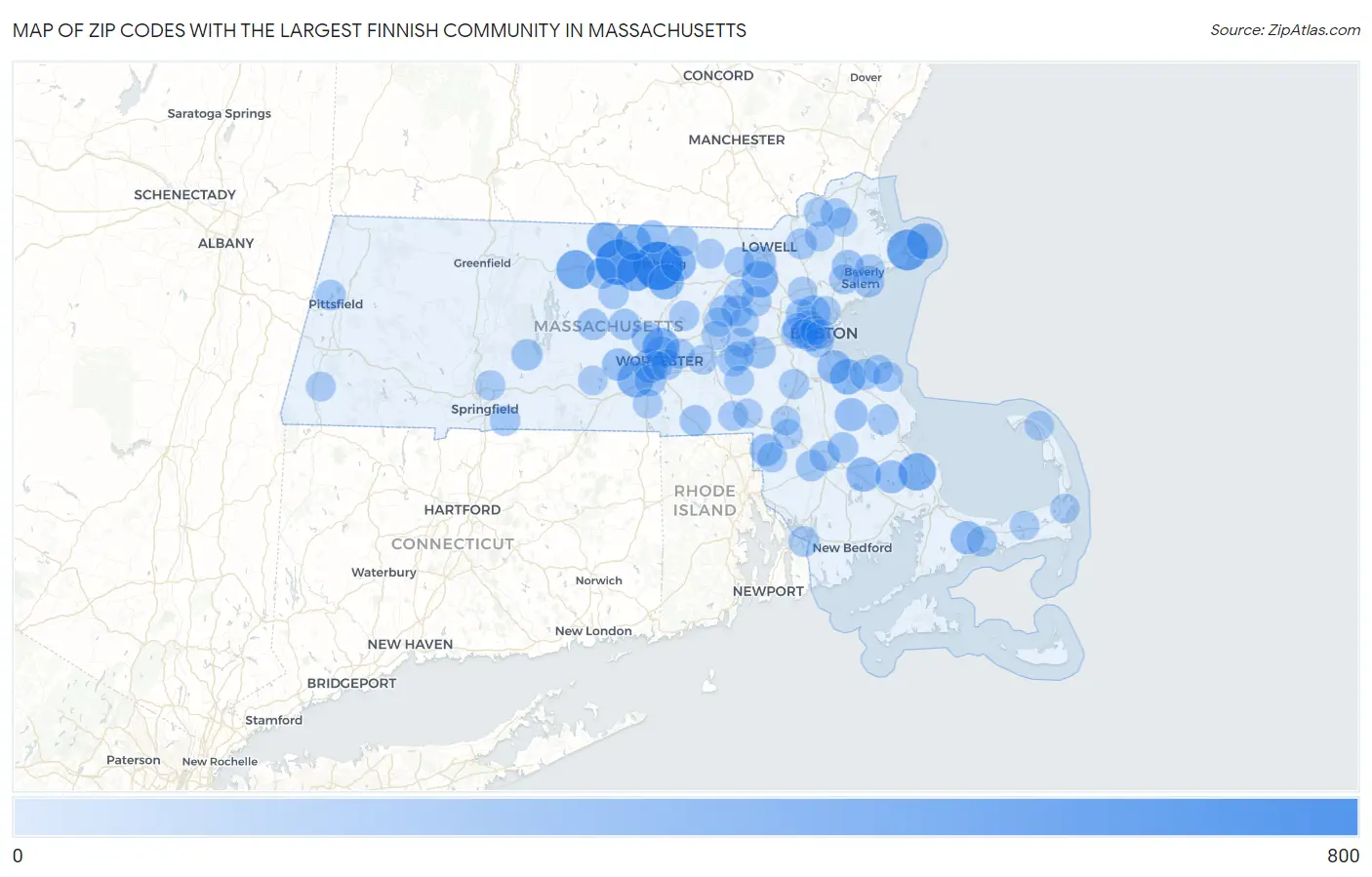 Zip Codes with the Largest Finnish Community in Massachusetts Map