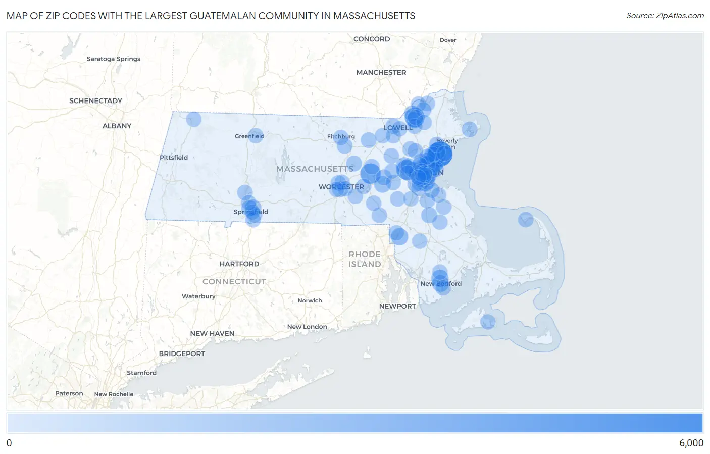 Zip Codes with the Largest Guatemalan Community in Massachusetts Map
